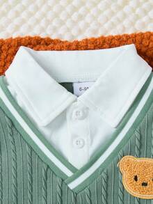 2 件套幼儿男童熊图案 Polo 衫和松紧腰休闲裤套装，秋冬 - 綠色 - 查看 3