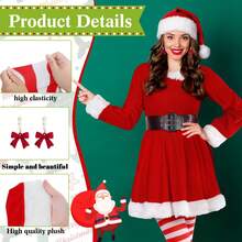 6 件节日圣诞服装配饰套装 - 涤纶和氨纶混纺 - 包括圣诞帽、条纹袜、红绿手套、蝴蝶结耳环 - 高弹性、优质毛绒、无羽毛女士圣诞服装