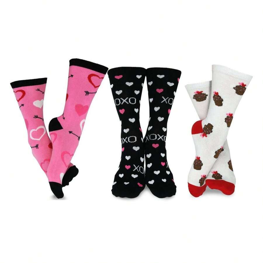Valentine's Day Crew Socks 3-Pair Pack - Women's & Men's Love Socks - Heart Patterned Casual & Dress Socks - CottonGift Socks - 如圖694 - 查看 1