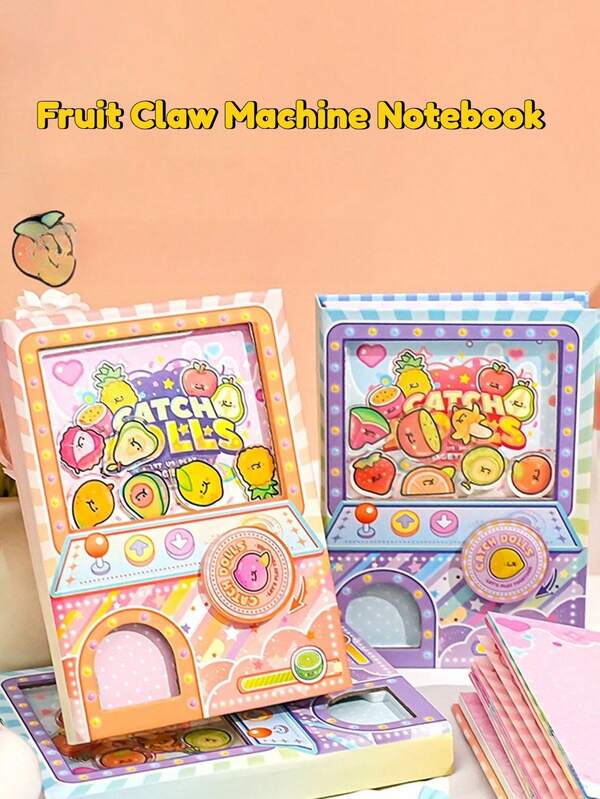 Cute Fruit Series Creative Stationery, Adorable Fruit Claw Machine Themed Planner, Main Colors In Orange, Pink And Purple, Replicating The Appearance Of Claw Machine, Filled With Cute Fruit Smiling Face Illustrations Inside The Window, Paired With "CATCH DOLLS" Text And Realistic Control Parts, Sweet And Dreamy Style, Combining Stationery And Game Scene Creativity, Inner Pages For Daily Recording