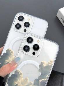 Funda de teléfono con patrón de nubes blancas transparentes, material acrilico TPU mejorado 2 en 1, fuerte succión magnética, elegante y duradera, adecuada para Apple 17ProMax 17Pro 17PLUS 17 16 15 14 13 12 Series - transparente - Ver 6