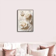 1 pieza Póster de arte de pared Moderno y elegante con rosa blanca y mariposa en lienzo 2D - Decoración floral moderna para sala de estar, dormitorio, oficina - Pintura abstracta de flores enmarcada con acentos en crema - Regalo perfecto para Halloween, Acción de Gracias, Navidad