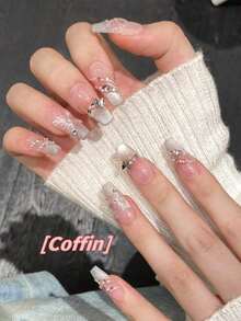 1Package/10pcs Pink Cat Eye French 3D Butterfly Pearl Crushed Diamond Hand Acrylic Press On Nails, Gentle Sweet Short Coffin & Long Almond Full Cover Fake Nails Valentine's Day Nails, Wedding Bride Wears Nails, With Jelly Glue And Nail File, Home DIY Nail Art Supplies - Hồng - Xem 5