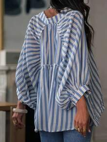 女式条纹撞色纽扣长袖休闲衬衫 - 藍色 - 查看 4