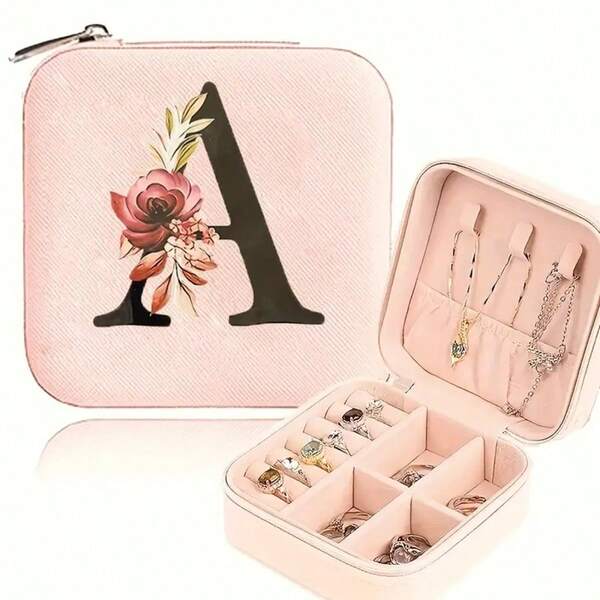 1 قطعة صندوق مجوهرات بحرف زهري، صندوق مجوهرات سفر بالأبجدية من A إلى Z، هدية لوصيفات العروس، هدية زفاف، صندوق خاتم بالأبجدية، صندوق هدية للنساء، صندوق مجوهرات من جلد البولي يوريثان (للخواتم والقلائد والأقراط والقلائد وما إلى ذلك) - صندوق هدية للفتيات والنساء.