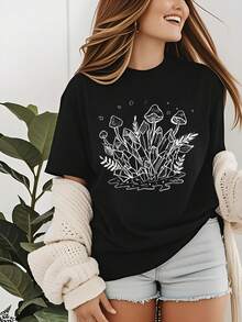 Camiseta para Mujer con Cristales, Hongos, Plantas, Estilo Mágico Gótico y Punk - Estética Boho Oscura con Gráficos Iconicos, Tela Respirable, Adecuada para Salidas Casuales y Festivales de Música - Negro - Ver 1