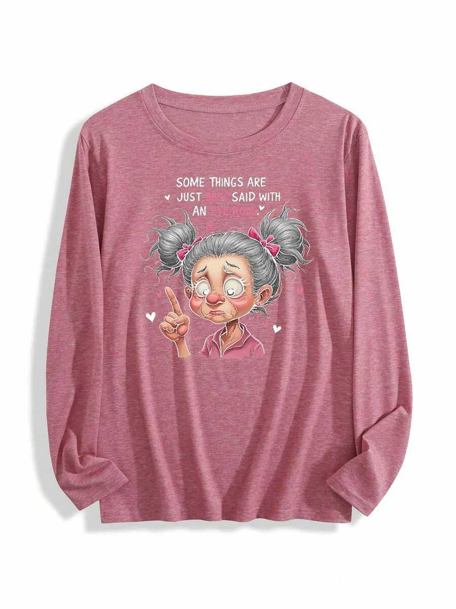 Mujer Camiseta de Cuello Redondo de Manga Larga "Giro de Ojos", un Lenguaje Universal de Incredulidad - Rosa coral - Ver 1