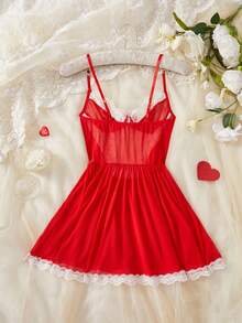 女士情人节睡裙，红色，V领，蝴蝶结装饰，露背薄纱，性感内衣，红色连衣裙，新娘婚纱，浪漫性感连衣裙 - 紅色 - 查看 7
