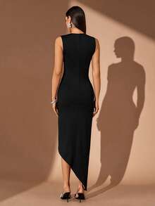 Sequin Striped Elegant High Slit Zipper Rhinestone Formal Evening Gown - Black - View 2