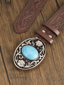 1 pieza Cinturón de mujer de estilo occidental con patrón de dragón en relieve de piel de PU, con incrustaciones de turquesa y ágata, de estilo bohemio, adecuado para vaqueros, Halloween, primavera, verano, otoño, invierno