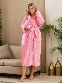 Flannel Plain Weave Hooded Bathrobe, Soft, Comfortable, And Warm Women's Nightgown, Short-Length Terry Cloth Shawl-Collar Bathrobe - 粉色 - 查看 6