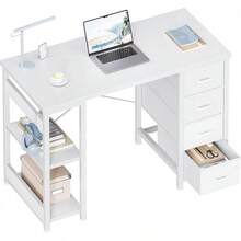 ODK 40 Inch Small White Computer Desk With 4 Fabric Drawers, Modern Office Desk For Home Office Gaming With Storage Shelves Study, White - White - View 2