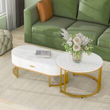 2-Piece Coffee Tables With Gold Metal Frame, Elegant Living Room Tables, Modern Nesting Tables - White - View 6