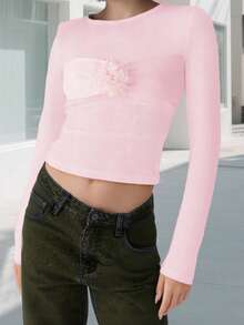 Women Long Sleeve Tops Slim 3D Flower Round Neck Crop T-Shirts  Fall Streetwear - 粉色 - 查看 3