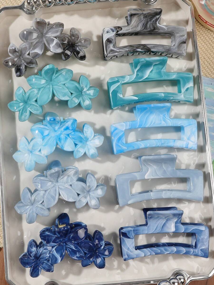 10 件/套春夏大理石蓝波西米亚雏菊花组合方形发夹，优雅适合海滩、派对、马尾辫冬季发饰时尚发夹优雅爪夹 - 彩色 - 查看 1