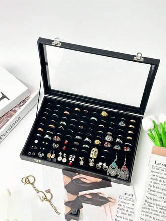 1 pieza Caja de almacenamiento de anillos de 100 ranuras con tapa de vidrio, bandeja para anillos, caja de joyería de terciopelo negro de 100 ranuras con tapa, organizador multicompartimento para anillos, aretes, collares, regalo portátil de boda para mujeres, solución de almacenamiento para aniversario y fiesta, caja de regalo para joyas, diseño elegante, forro de terciopelo, exhibidor de aretes, material de alta calidad, accesorio de moda, regalo de Navidad, regalo de Halloween, artículo esencial de regreso a la escuela, regalo de regreso a la escuela, artículo esencial de Navidad