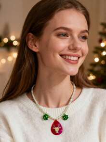 1 pieza Collar de Navidad para mujer, collar de cuentas de perlas falsas, estampado de reno de acrílico rojo, collar colgante con flor de Navidad verde, adecuado como regalo de fiesta de Navidad para mujeres
