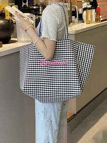 (Customized) Personalized Embroidered Minimalist Plaid Canvas Tote Bag, Original Niche Versatile Commuter Large Capacity Shoulder Bag For Students
