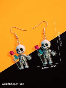 1 Pair Cute & Funny Acrylic Skeleton With Rose Flower Earrings, Suitable For Halloween Wear