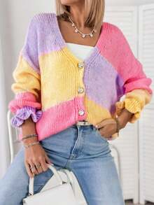 Women's Contrast Color Drop Shoulder Long Sleeve Casual Knit Cardigan, Autumn/Winter - Multicolor - View 1