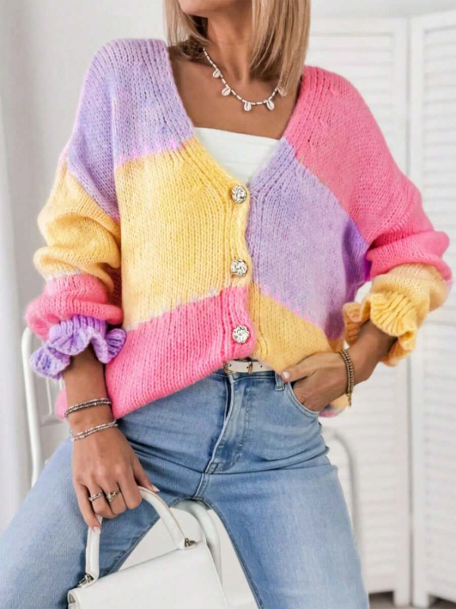 Women's Contrast Color Drop Shoulder Long Sleeve Casual Knit Cardigan, Autumn/Winter - Multicolor - View 1
