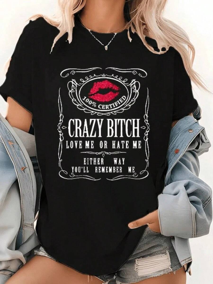 Trenfashion Cotton Short Sleeve Women's Funny Graphic Tees Crazy Bitchs Shirt Short Sleeve T Shirt Casual T-Shirt For Men Women Unisex Plus Size T Shirts - 黑色 - 查看 1