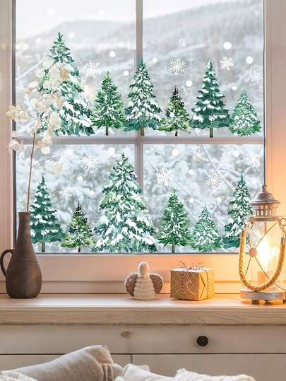1 szt. Statyczne naklejki na okna z motywem zimowego lasu, ozdoby choinkowe w kształcie płatków śniegu, naklejki na okna z atmosferą świąteczną