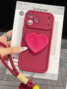 1pc Heart-Shaped Phone Holder & Cute Bell Pom Pom Lanyard Decor Phone Case, Retro-Inspired Fashion Accessory, Suitable For IPhone 17 Air/17 Pro Max, S25 Ultra/S25 FE, Redmi Note 13, Anti-Fall Anti-Scratch, Artistic Girl/Feminine Holiday Christmas Gift