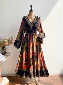 Rusttydustty Đầm tay phồng kiểu Bohemian phối họa tiết chắp vá, cỡ lớn dành cho nữ, thích hợp dự tiệc trà, kiểu dáng thanh lịch mùa xuân. - Đỏ - Xem 4