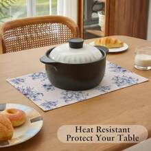 LilyCat Linen Fabric Blue Floral Placemats, Waterproof Durable Boho Dining Table Mats For Kitchen, Rustic Vintage Washable Place Mats Set Of 6, 18''* 12''