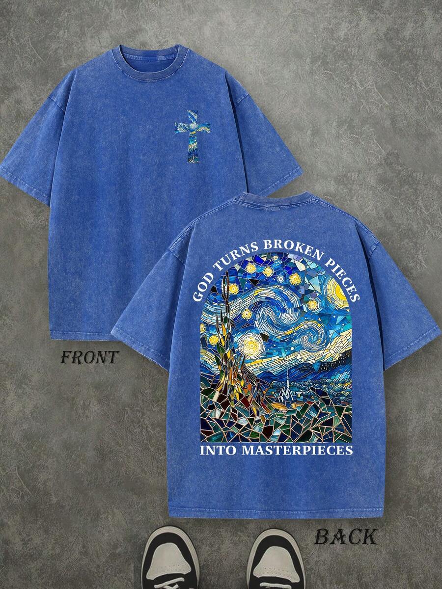 Retro Washed T-Shirt Double Sided Printed (230 Pure Cotton T-Shirt) 'GOD TURNS BROKEN PIECES'  Letter Print, Christian Gift, Men's T-Shirt, Men's Casual, Comfortable, Fashionable T-Shirt, Street Style Cotton - 寶藍色 - 查看 1