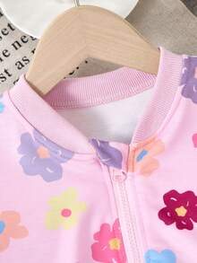 Girls' Ditsy Floral Baseball Jacket, Long Sleeve Zip-Up Cropped Cardigan For Autumn/Winter - Pink - View 5
