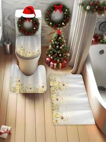 4 piezas Juego de baño con estampado floral amarillo, incluye alfombra antideslizante, tapa de inodoro, tapete de baño, cortina de ducha impermeable con 12 ganchos de plástico, decoración de baño, decoración del hogar, decoración navideña