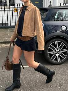 Autumn/Winter Polo Collar Zip-Up Cardigan Jacket, Faux Suede Fabric, Solid Color, Pockets, Zipper, Casual