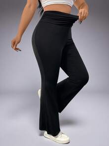 Pantalones de entrenamiento de talla grande para mujer con cintura alta, unicolor y volantes acuchillados - Negro - Ver 9