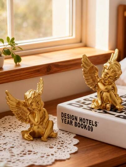 1pc Gold Mini Angels Resin Cherubs Statue Figurine, Indoor Outdoor Home Garden Decoration,Tabletop Decoration, Adorable Angel Sculpture Memorial Statue (Golden)