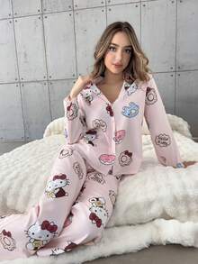 SANRIO 2件套Hello Kitty女士翻领纽扣长袖印花衬衫睡衣+松紧腰长裤可爱睡衣套装，秋冬服装 - 粉色 - 查看 6