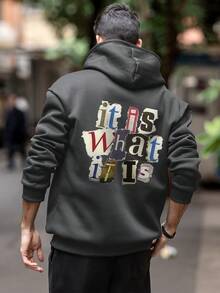 男士秋冬品牌趣味拼贴字母拼接连帽卫衣，时尚与功能完美结合，长袖上衣 - 深灰色 - 查看 3