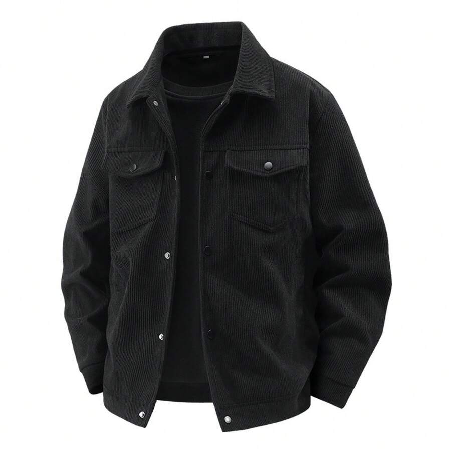 Autumn Winter New High-Quality Men's Corduroy Jacket  Handsome Casual Versatile Loose Turn-Down Collar Corduroy Coat - 黑色 - 查看 1