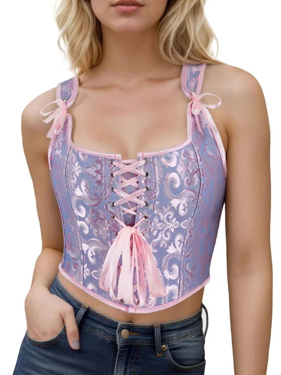 Womens Vintage Asymmetrical Hem Overbust Corset Tie Front Lace-Up Back Bustier Shapewear Top  Pajama Tops - 粉色 - 查看 1