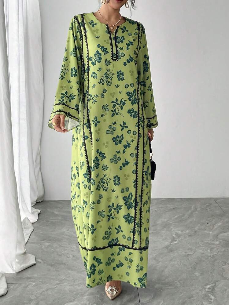 1 chiếc đầm maxi dài tay dáng chữ A in họa tiết hoa dành cho nữ, đầm xanh lá cây giản dị phù hợp cho đám cưới, đầm Abaya kiểu Ả Rập thanh lịch cho các sự kiện tiệc tùng sang trọng mùa xuân. - màu xanh lá - Xem 1