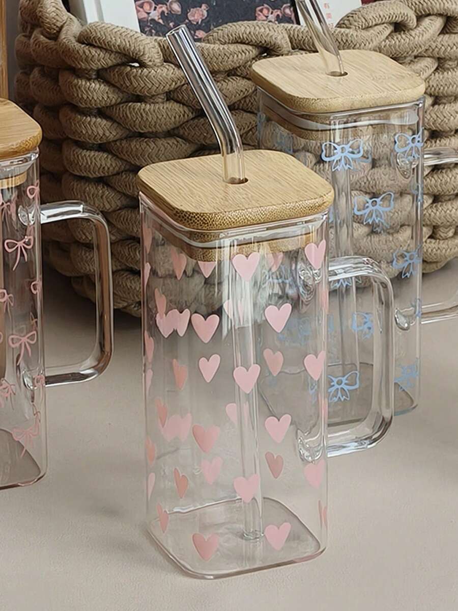 1 套极简主义 Ins 风格优质玻璃杯，耐热带手柄和吸管，适合家庭展示、户外携带、饮料容器、餐厅杯、生日礼物、节日礼物 - 彩色 - 查看 1