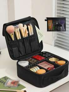 Minimalist Professional Makeup Box With Large Capacity, Beauty Makeup Tool Kit, Bridal Emergency Kit, With Dividers, Portable Makeup Bag With Handles, Durable Waterproof Makeup Storage Box With Zippered Adjustable Support Strap, Suitable For Travel Activities, Professional Makeup Artist Essentials (Detachable Dividers Are Shipped Randomly) Travel Essentials, Holiday Vacation Makeup Organizer Travel Bag For Women Make Up Bag