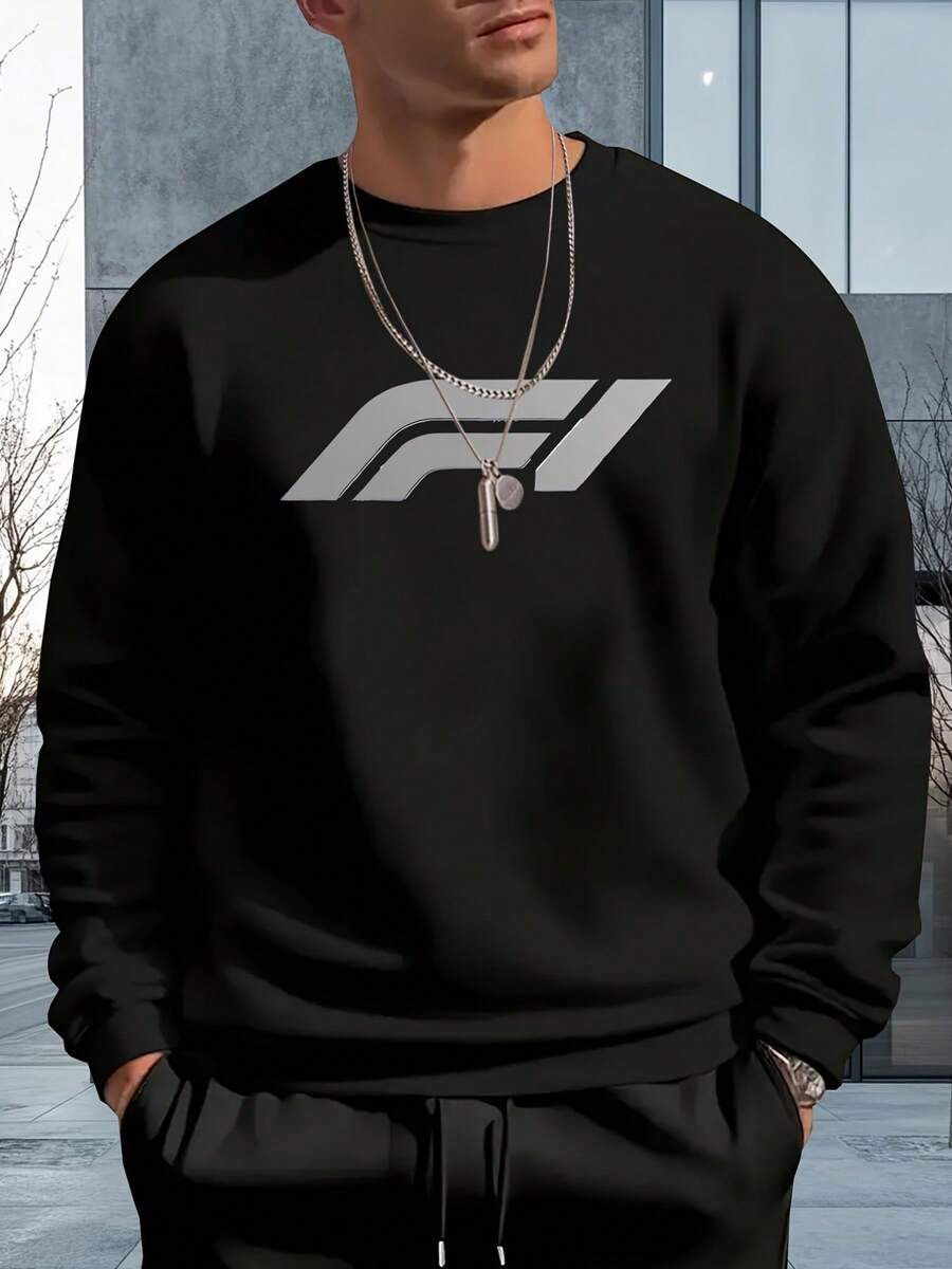Casual  Sweatshirt With F1 Graphic Print Loose  Round Nec (2) - màu đen - Xem 1