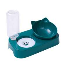 1 Set Green Cat Food & Water Bowl With Automatic Drinking Fountain, Spill-Proof & Neck-Protecting, Multifunctional Adjustable Pet Feeder & Waterer - Green - View 4