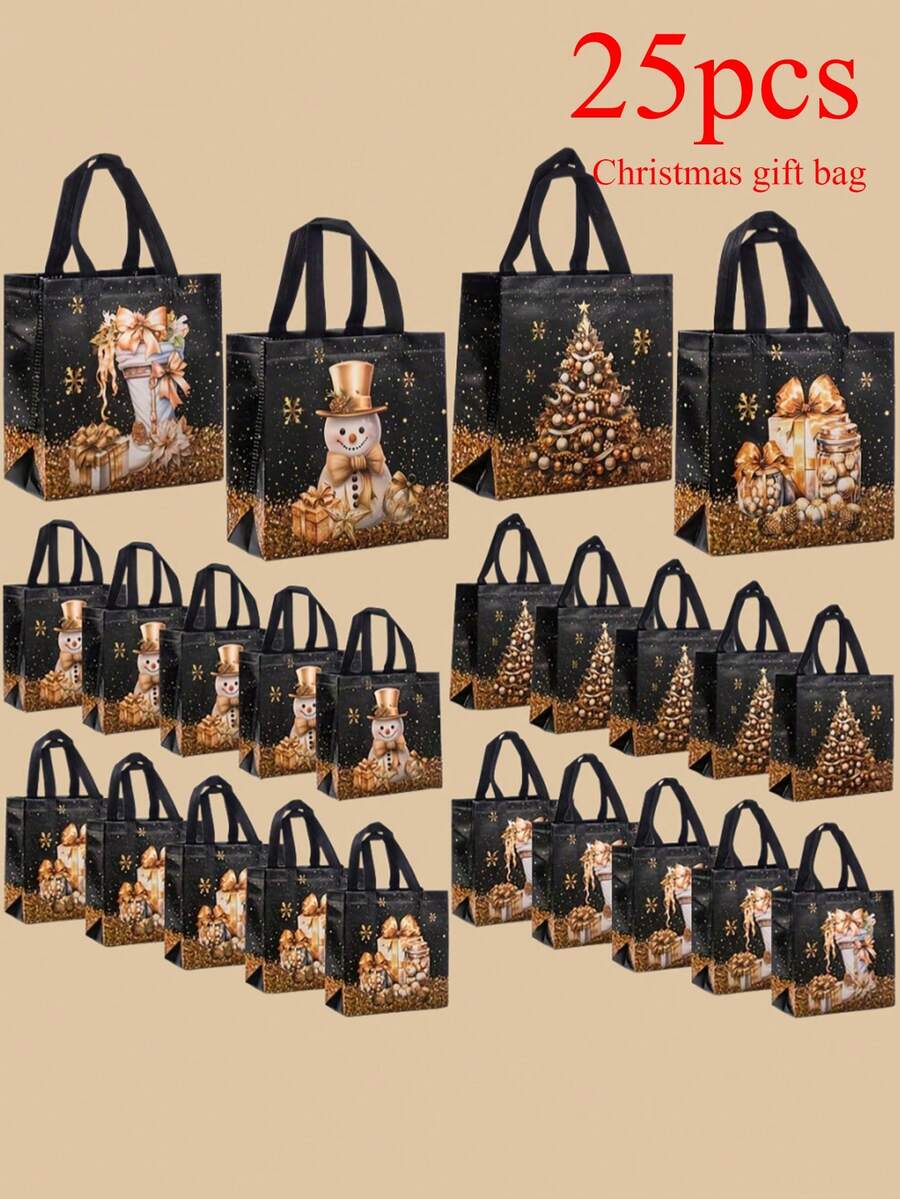 5/10/25 pièces Sacs cadeaux de Noël, sacs cadeaux de Noël noirs élégants avec poignées solides - motifs de feuille d'or de luxe (arbres, flocons de neige) - sacs non tissés convenant pour Noël, Nouvel An, fête, cadeaux de mariage - emballage cadeau et décorations de fête de Noël premium, sacs cadeaux de fête de Noël, sacs de fête durables