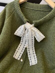 女士休闲蝴蝶结装饰开衫，宽松垂坠长袖上衣，秋冬季节理想之选，简约时尚纽扣开衫，甜美少女风，适合工作场合，舒适纯色休闲日常外套 - 橄欖綠 - 查看 4