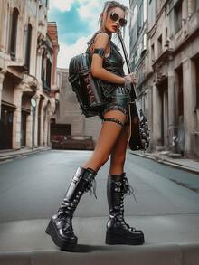 ROMWE Grunge Punk 女款时尚2025新款万圣节冬季厚底坡跟方头后拉链毛绒轻便防滑系带时尚增高作战靴 - 黑色 - 查看 13