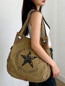 Túi xách nữ cỡ lớn in hình ngôi sao cổ điển, có khóa kéo, màu xanh ô liu/đen/xám/kaki, kiểu dáng cổ điển retro, có thể đeo vai hoặc đeo chéo, giặt máy được, nhiều ngăn, in chữ, trang trí họa tiết, thời trang đa năng, lý tưởng cho đi làm, mua sắm, du lịch, dự tiệc, hẹn hò và các dịp năm mới. - Nhiều màu - Xem 11