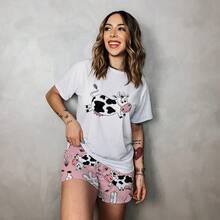 Women's Short Sleeve Pajamas With Milk Cow Print - trắng - Xem 2